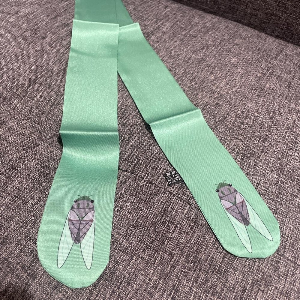 Green Silk Scarf with Insect Design